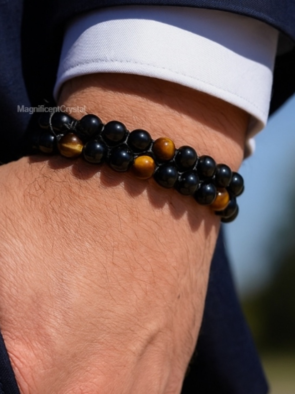 #2681**Men's Beaded Stretch Bracelet in Black and Brown - Picture 2 of 16